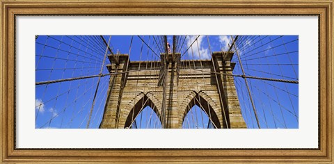 Framed Low angle view of a suspension bridge, Brooklyn Bridge, New York City, New York State, USA Print