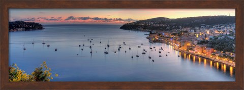 Framed Elevated view of a city at dusk, Villefranche-Sur-Mer, Alpes-Maritimes, Provence-Alpes-Cote d&#39;Azur, France Print