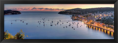 Framed Elevated view of a city at dusk, Villefranche-Sur-Mer, Alpes-Maritimes, Provence-Alpes-Cote d&#39;Azur, France Print