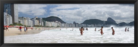 Framed People enjoying on Copacabana Beach with Sugarloaf Mountain in background, Rio De Janeiro, Brazil Print