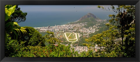 Framed Aerial view of a town on an island, Ipanema Beach, Leblon Beach, Corcovado, Rio De Janeiro, Brazil Print