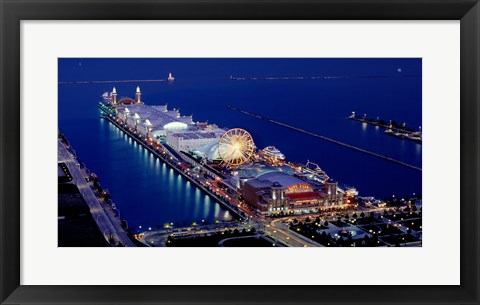 Framed Navy Pier lit up at dusk, Lake Michigan, Chicago, Cook County, Illinois, USA Print