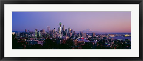 Framed High angle view of a city at sunrise, Seattle, Mt Rainier, Washington State Print