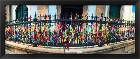 Framed Colorful Bonfim wish ribbons tied around at Church of Nosso Senhor do Bonfim, Pelourinho, Salvador, Bahia, Brazil Print