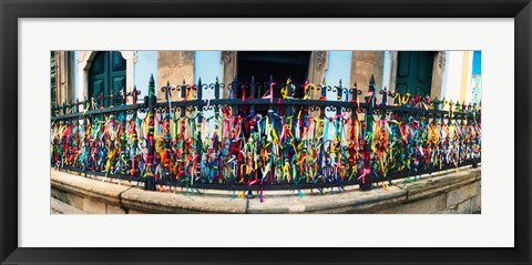 Framed Colorful Bonfim wish ribbons tied around at Church of Nosso Senhor do Bonfim, Pelourinho, Salvador, Bahia, Brazil Print