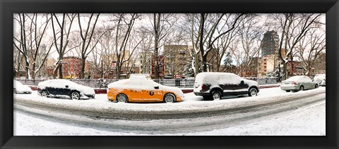 Framed Snow covered cars parked on the street in a city, Lower East Side, Manhattan, New York City, New York State, USA Print