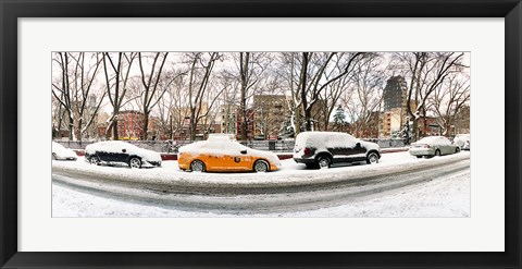 Framed Snow covered cars parked on the street in a city, Lower East Side, Manhattan, New York City, New York State, USA Print