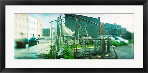 Framed Broken gate to a construction yard on a street, Williamsburg, Brooklyn, New York City, New York State, USA Print