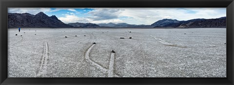 Framed Track created by one of the mysterious moving rocks at the Racetrack, Death Valley, Death Valley National Park, California, USA Print