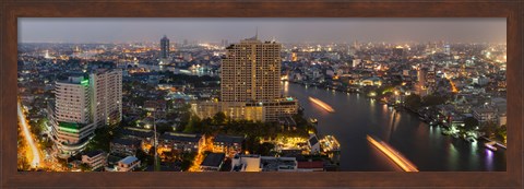 Framed High angle view of city at dusk, Chao Phraya River, Bangkok, Thailand Print