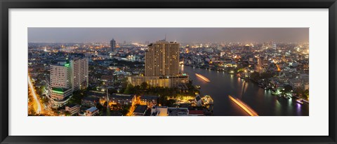 Framed High angle view of city at dusk, Chao Phraya River, Bangkok, Thailand Print