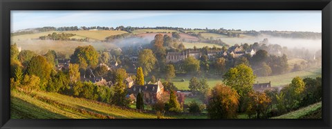 Framed High angle view of a village, Naunton, Cotswold Hills, Gloucestershire, England Print