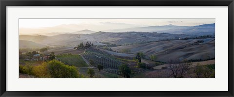 Framed Valley at sunrise, Val d&#39;Orcia, Tuscany, Italy Print