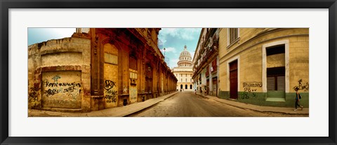 Framed Buildings along street, El Capitolio, Havana, Cuba Print