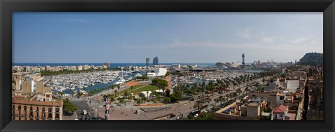 Framed High angle view of a harbor, Port Vell, Barcelona, Catalonia, Spain Print