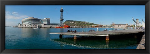 Framed Pier on the sea with World Trade Centre in the background, Port Vell, Barcelona, Catalonia, Spain Print