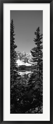 Framed Lake in front of mountains in black and white, Banff, Alberta, Canada Print