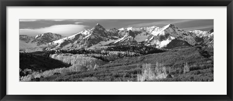 Framed Mountains covered with snow and fall colors, near Telluride, Colorado (black and white) Print