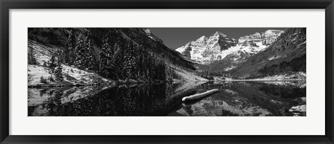 Framed Reflection of a mountain in a lake in black and white, Maroon Bells, Aspen, Colorado Print