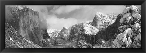 Framed Black and white view of Mountains and waterfall in snow, El Capitan, Yosemite National Park, California Print