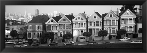 Framed Black and white view of The Seven Sisters, Painted Ladies, Alamo Square, San Francisco, California Print