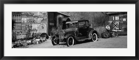 Framed Abandoned Car on Route 66, Arizona (black and white) Print