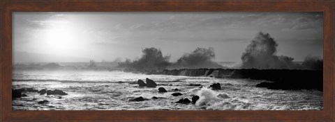 Framed Waves breaking on rocks in the ocean in black and white, Oahu, Hawaii Print