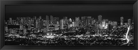 Framed High angle view of a city lit up at night, Honolulu, Oahu, Honolulu County, Hawaii (black and white) Print