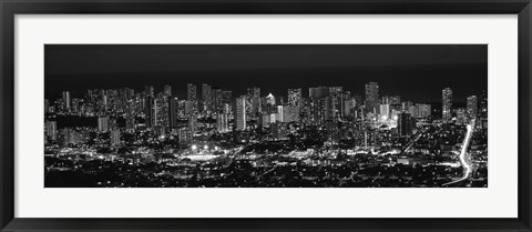 Framed High angle view of a city lit up at night, Honolulu, Oahu, Honolulu County, Hawaii (black and white) Print