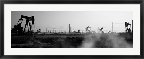 Framed Oil drills in a field, Maricopa, Kern County, California (black and white) Print