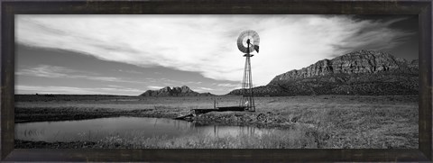 Framed Solitary windmill near a pond in black and white, U.S. Route 89, Utah Print