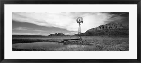 Framed Solitary windmill near a pond in black and white, U.S. Route 89, Utah Print