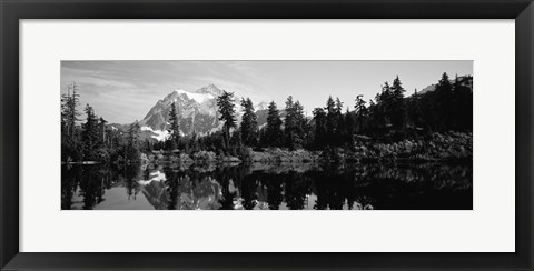 Framed Reflection of trees and mountains in a lake, Mount Shuksan, North Cascades National Park, Washington State (black and white) Print