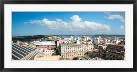 Framed Buildings in a city at the waterfront viewed from a government building, Obispo House, Mercaderes, Old Havana, Havana, Cuba Print