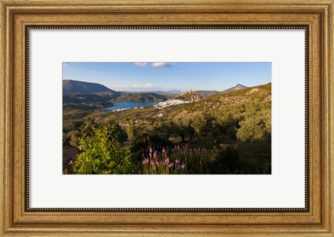 Framed High angle view of a town in distant, Zahara De La Sierra, Cadiz Province, Andalusia, Spain Print
