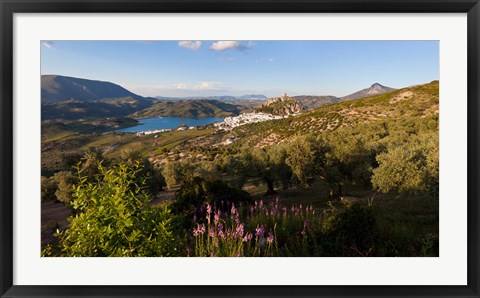 Framed High angle view of a town in distant, Zahara De La Sierra, Cadiz Province, Andalusia, Spain Print