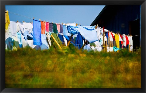 Framed Laundry hanging on the line to dry, Michigan, USA Print