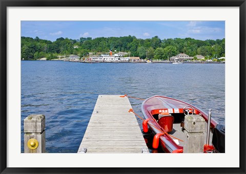 Framed Motorboat moored at a pier, Gravenhurst Bay, Gravenhurst, Ontario, Canada Print