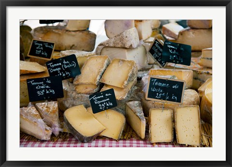 Framed Cheese for sale at a market stall, Lourmarin, Vaucluse, Provence-Alpes-Cote d&#39;Azur, France Print