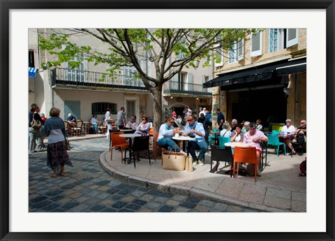 Framed Tourists at sidewalk cafes, Lourmarin, Vaucluse, Provence-Alpes-Cote d&#39;Azur, France Print