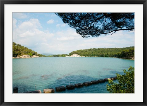 Framed Stepping stones in the reservoir, Canal de Marseille, Rognes, Bouches-Du-Rhone, Provence-Alpes-Cote d&#39;Azur, France Print