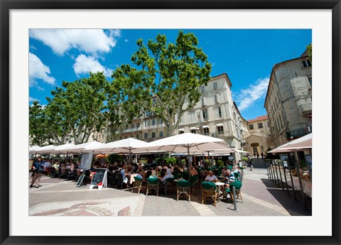 Framed Tourists at sidewalk cafes, Place de l&#39;Horloge, Avignon, Vaucluse, Provence-Alpes-Cote d&#39;Azur, France Print