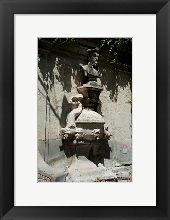 Framed Fountain with the bust of Nostradamus, Rue Carnot, St.-Remy-de-Provence, Bouches-Du-Rhone, Provence-Alpes-Cote d&#39;Azur, France Print