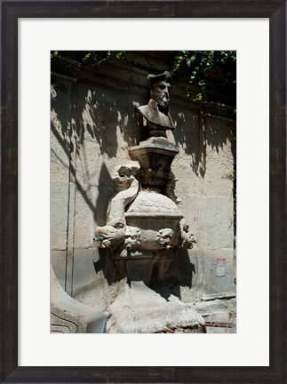 Framed Fountain with the bust of Nostradamus, Rue Carnot, St.-Remy-de-Provence, Bouches-Du-Rhone, Provence-Alpes-Cote d&#39;Azur, France Print