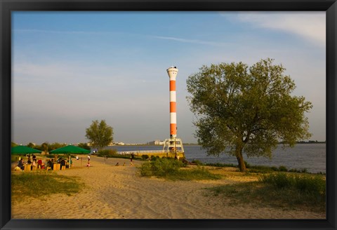 Framed Small lighthouse at the riverside, Elbe River, Blankenese, Hamburg, Germany Print