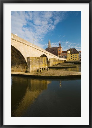 Framed Bridge across the river, Steinerne Bridge, Danube River, Regensburg, Bavaria, Germany Print