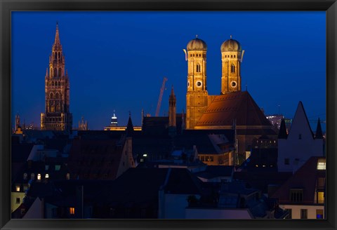 Framed Town hall with a church at night, Munich Cathedral, New Town Hall, Munich, Bavaria, Germany Print