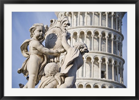 Framed La Fontana dei Putti in front of Leaning Tower of Pisa, Pisa, Tuscany, Italy Print