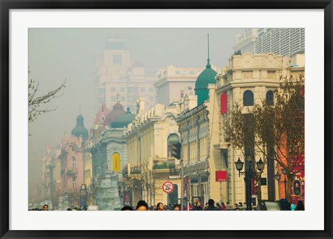 Framed Shoppers along a central street, Zhongyang Dajie, Daoliqu Russian Heritage Area, Harbin, Heilungkiang Province, China Print