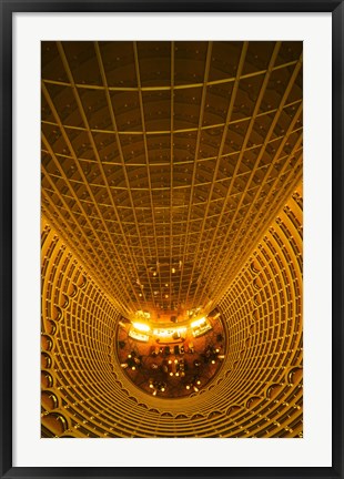 Framed Interiors of Jin Mao Tower looking down to the lobby of the Grand Hyatt hotel, Lujiazui, Pudong, Shanghai, China Print